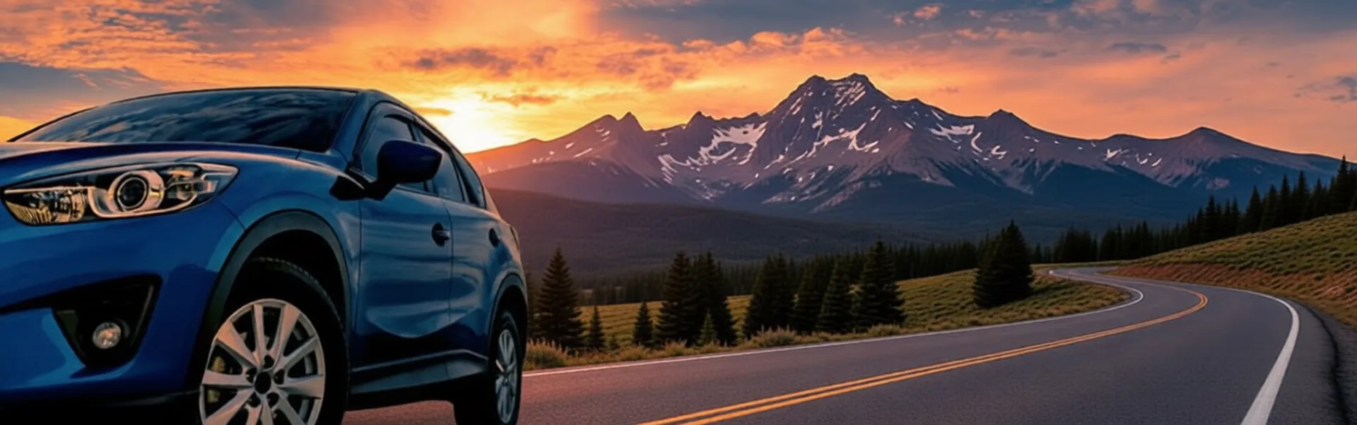 Blue SUV on a mountain road at sunset