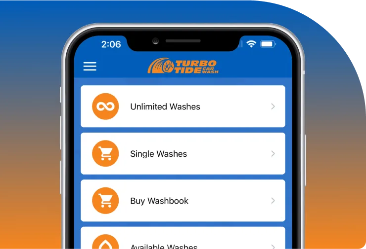 Turbo Tide app home screen with unlimited washes, single washes and wash books